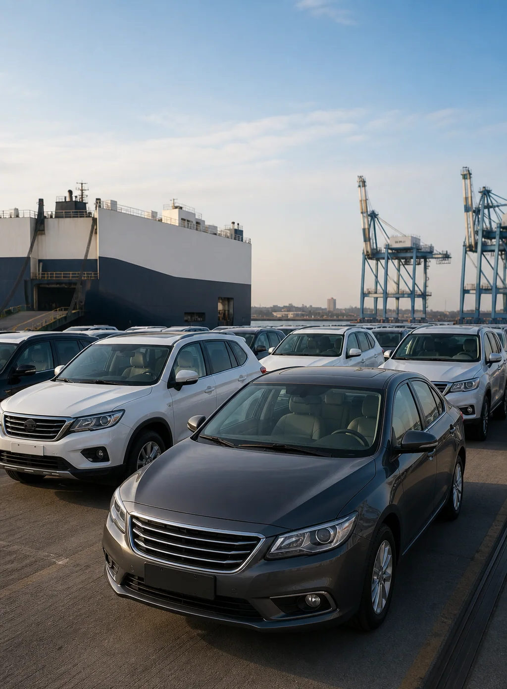 Used cars prepared for export at a vehicle logistics port